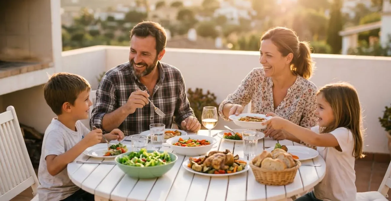 Famille souriante dînant autour d'une table de jardin ronde blanche.