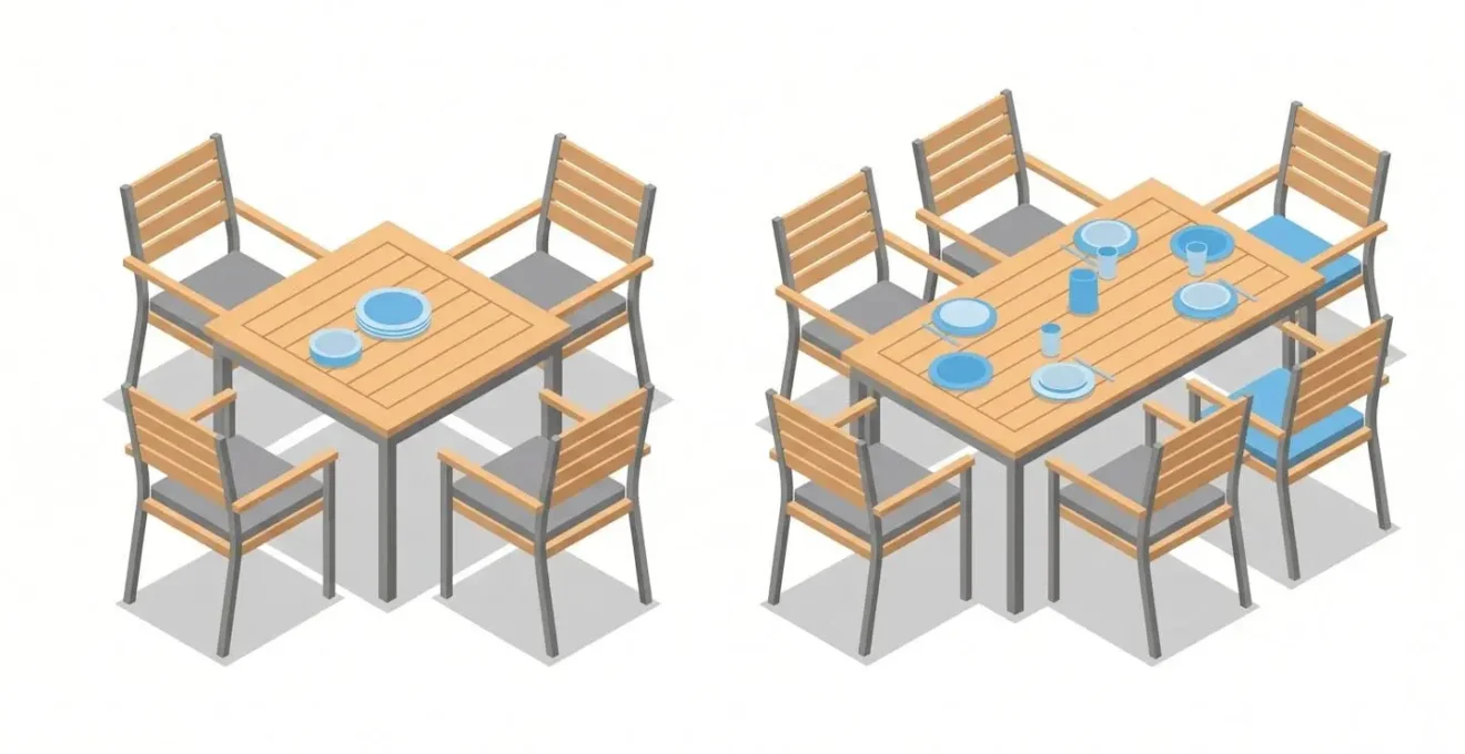 Illustration comparant une table carrée et une table rectangulaire avec chaises.