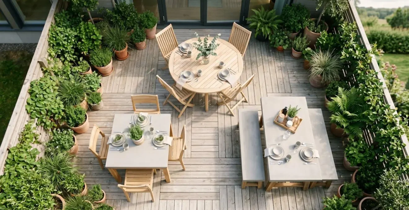 Vue aérienne d'une terrasse avec trois tables de jardin de formes différentes : ronde, carrée et rectangulaire.