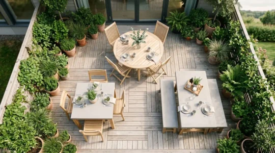 Vue aérienne d'une terrasse avec trois tables de jardin de formes différentes : ronde, carrée et rectangulaire.